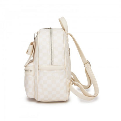BPM2614 - Miss Lulu Checked PVC Backpack with Detachable Bow, Casual Women’s Daypack for School, Travel & Daily Use - Beige