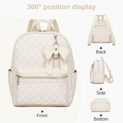 BPM2614 - Miss Lulu Checked PVC Backpack with Detachable Bow, Casual Women’s Daypack for School, Travel & Daily Use - Beige