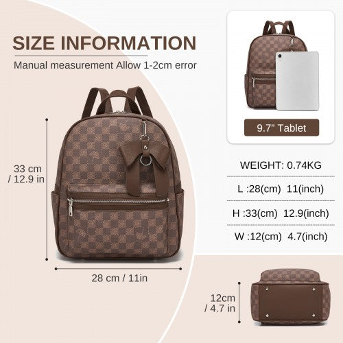 BPM2614 - Miss Lulu Checked PVC Backpack with Detachable Bow, Casual Women’s Daypack for School, Travel & Daily Use - Brown