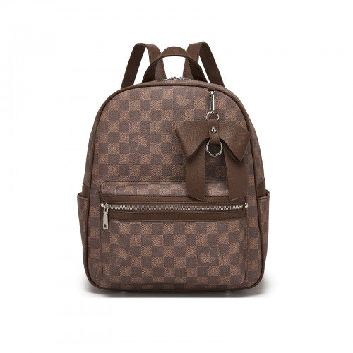 BPM2614 - Miss Lulu Checked PVC Backpack with Detachable Bow, Casual Women’s Daypack for School, Travel & Daily Use - Brown