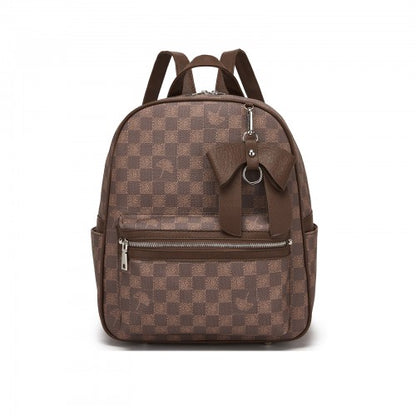 BPM2614 - Miss Lulu Checked PVC Backpack with Detachable Bow, Casual Women’s Daypack for School, Travel & Daily Use - Brown