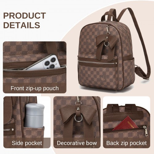 BPM2614 - Miss Lulu Checked PVC Backpack with Detachable Bow, Casual Women’s Daypack for School, Travel & Daily Use - Brown
