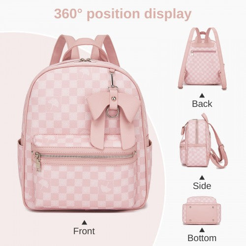 BPM2614 - Miss Lulu Checked PVC Backpack with Detachable Bow, Casual Women’s Daypack for School, Travel & Daily Use - Pink