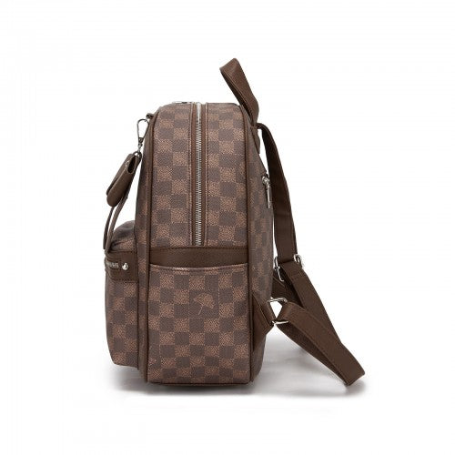 BPM2614 - Miss Lulu Checked PVC Backpack with Detachable Bow, Casual Women’s Daypack for School, Travel & Daily Use - Brown