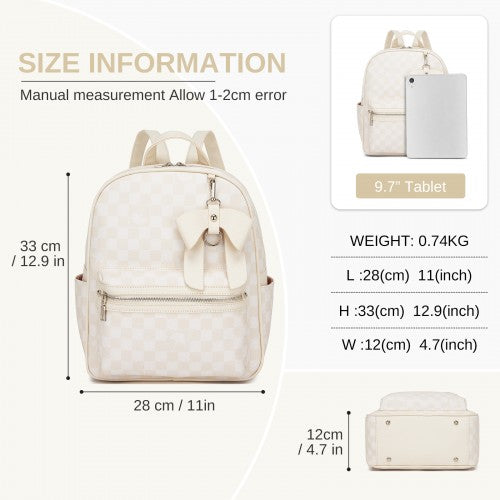 BPM2614 - Miss Lulu Checked PVC Backpack with Detachable Bow, Casual Women’s Daypack for School, Travel & Daily Use - Beige