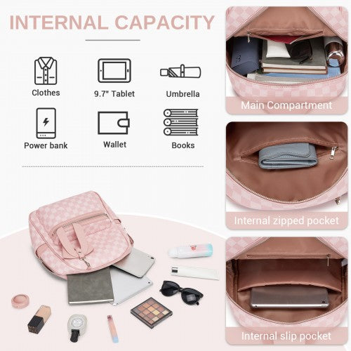 BPM2614 - Miss Lulu Checked PVC Backpack with Detachable Bow, Casual Women’s Daypack for School, Travel & Daily Use - Pink