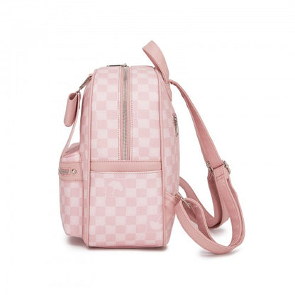 BPM2614 - Miss Lulu Checked PVC Backpack with Detachable Bow, Casual Women’s Daypack for School, Travel & Daily Use - Pink
