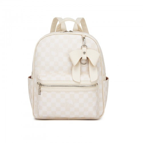 BPM2614 - Miss Lulu Checked PVC Backpack with Detachable Bow, Casual Women’s Daypack for School, Travel & Daily Use - Beige