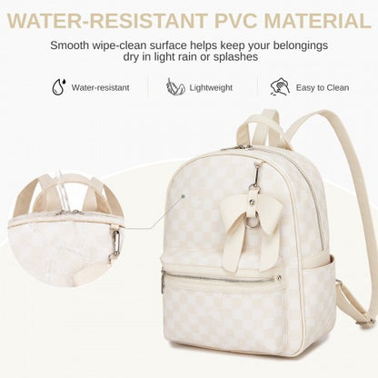 BPM2614 - Miss Lulu Checked PVC Backpack with Detachable Bow, Casual Women’s Daypack for School, Travel & Daily Use - Beige