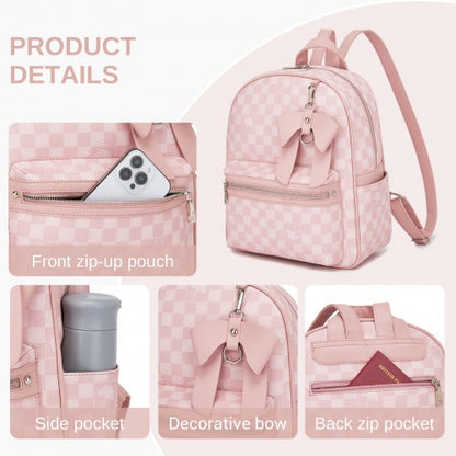BPM2614 - Miss Lulu Checked PVC Backpack with Detachable Bow, Casual Women’s Daypack for School, Travel & Daily Use - Pink