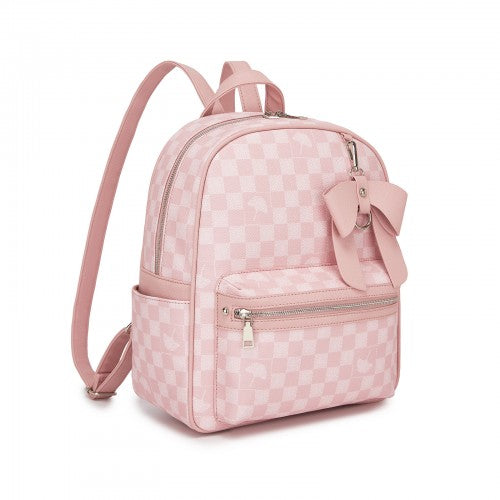 BPM2614 - Miss Lulu Checked PVC Backpack with Detachable Bow, Casual Women’s Daypack for School, Travel & Daily Use - Pink
