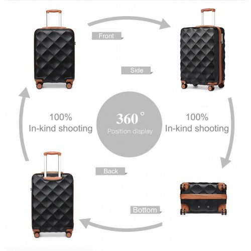 360 degree view of black ABS polycarbonate suitcase showing front side back and bottom angles