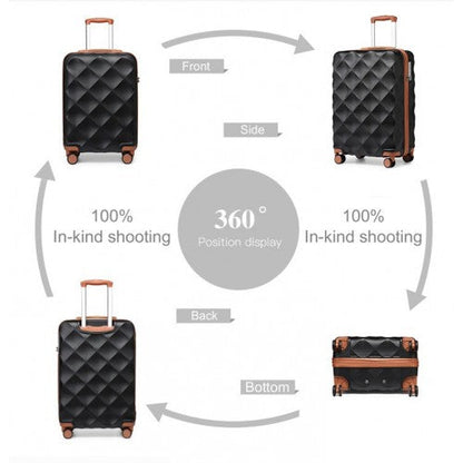360 degree view of black ABS polycarbonate suitcase showing front side back and bottom angles