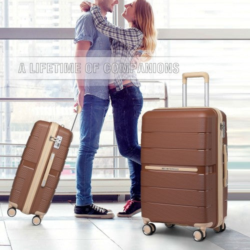 K2392L - British Traveller 28 Inch Multi-Texture Polypropylene Hard Shell Suitcase With TSA Lock - Brown And Apricot