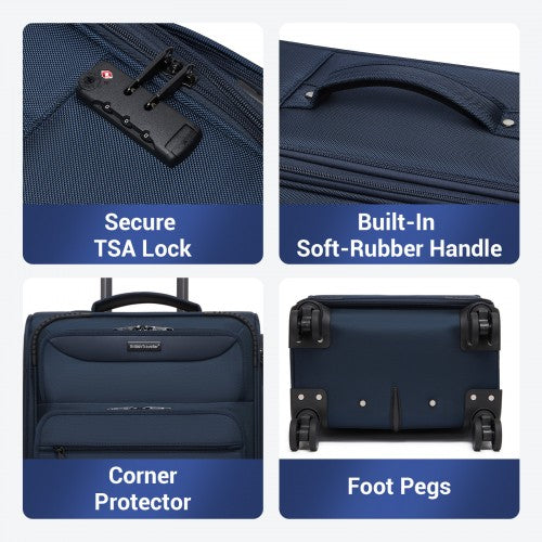 KSB2582 - British Traveller Durable Softshell Suitcase 3-Piece Luggage Set (20/24/28 Inch) with Laptop Compartment - Navy