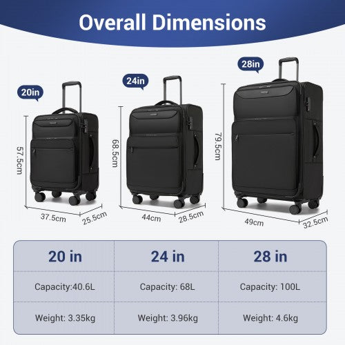 KSB2582 - British Traveller Durable Softshell Suitcase 3-Piece Luggage Set (20/24/28 Inch) with Laptop Compartment - Black