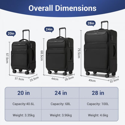 KSB2582 - British Traveller Durable Softshell Suitcase 3-Piece Luggage Set (20/24/28 Inch) with Laptop Compartment - Black