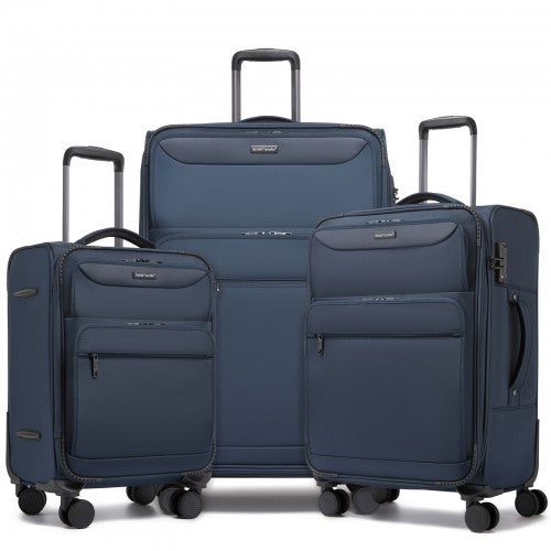 KSB2582 - British Traveller Durable Softshell Suitcase 3-Piece Luggage Set (20/24/28 Inch) with Laptop Compartment - Navy