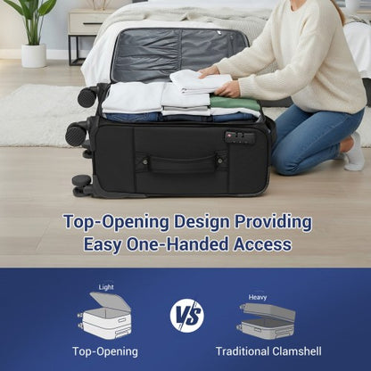 KSB2582 - British Traveller Durable Softshell Suitcase 3-Piece Luggage Set (20/24/28 Inch) with Laptop Compartment - Black