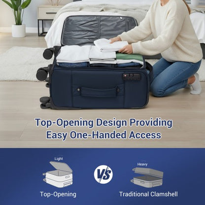 KSB2582 - British Traveller Durable Softshell Suitcase 3-Piece Luggage Set (20/24/28 Inch) with Laptop Compartment - Navy
