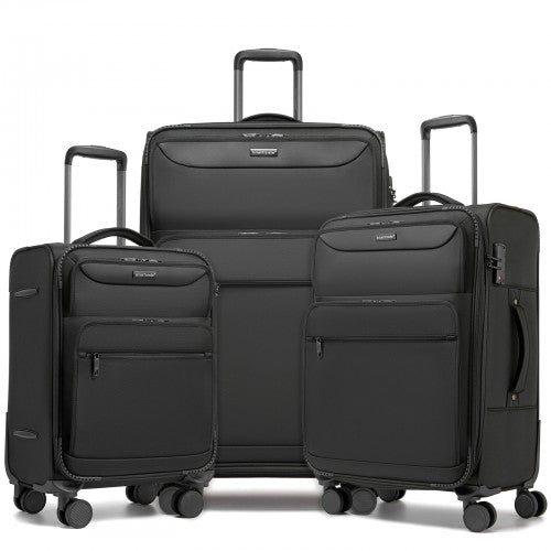 KSB2582 - British Traveller Durable Softshell Suitcase 3-Piece Luggage Set (20/24/28 Inch) with Laptop Compartment - Black
