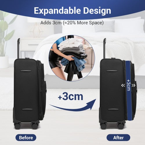 KSB2582 - British Traveller Durable Softshell Suitcase 3-Piece Luggage Set (20/24/28 Inch) with Laptop Compartment - Black