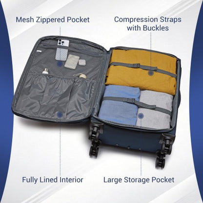 KSB2582 - British Traveller Durable Softshell Suitcase 3-Piece Luggage Set (20/24/28 Inch) with Laptop Compartment - Navy
