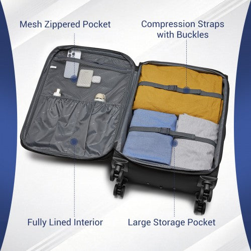 KSB2582 - British Traveller Durable Softshell Suitcase 3-Piece Luggage Set (20/24/28 Inch) with Laptop Compartment - Black