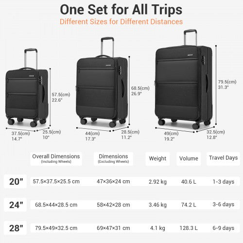 British Traveller KSB2597 20/24/28-inch black luggage set – set view