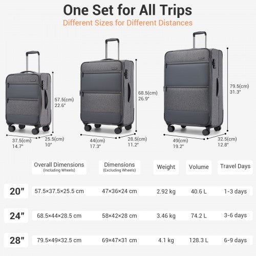 British Traveller KSB2597 20/24/28-inch grey luggage set – set view
