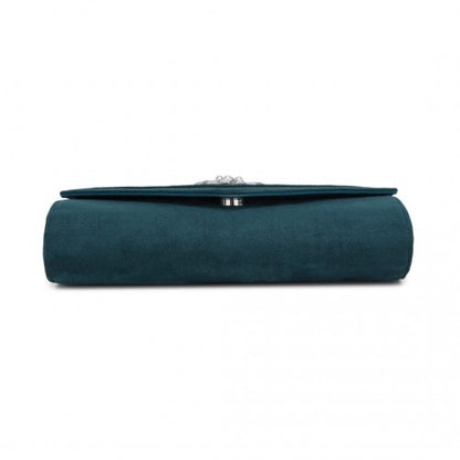 CLM2458 - Miss Lulu Elegant Faux Suede Evening Clutch with Crystal Flower & Detachable Chain Strap - Navy