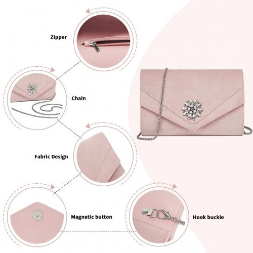 CLM2458 - Miss Lulu Elegant Faux Suede Evening Clutch with Crystal Flower & Detachable Chain Strap