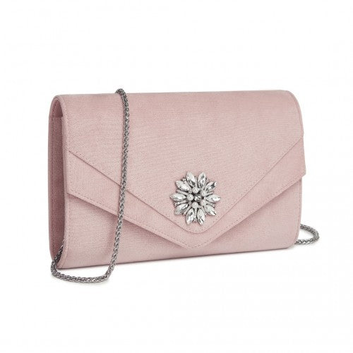 CLM2458 - Miss Lulu Elegant Faux Suede Evening Clutch with Crystal Flower & Detachable Chain Strap