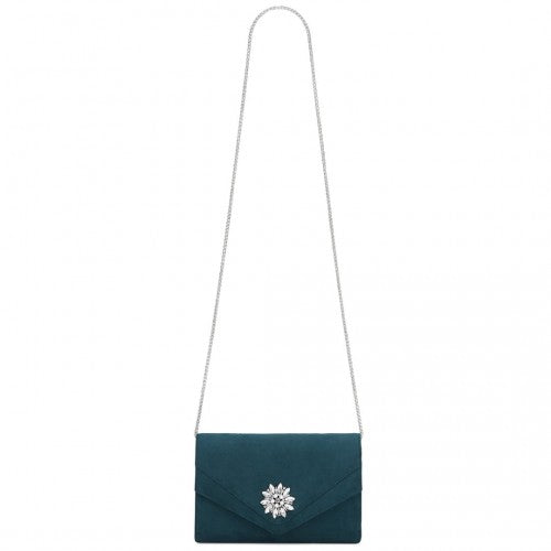 CLM2458 - Miss Lulu Elegant Faux Suede Evening Clutch with Crystal Flower & Detachable Chain Strap - Navy