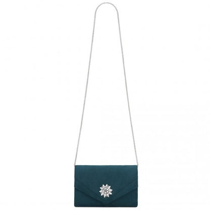 CLM2458 - Miss Lulu Elegant Faux Suede Evening Clutch with Crystal Flower & Detachable Chain Strap - Navy