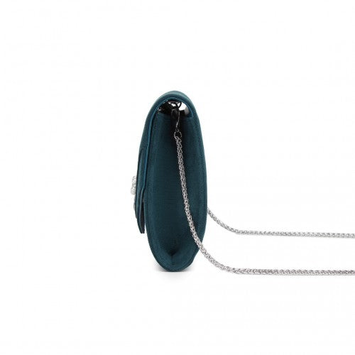 CLM2458 - Miss Lulu Elegant Faux Suede Evening Clutch with Crystal Flower & Detachable Chain Strap - Navy