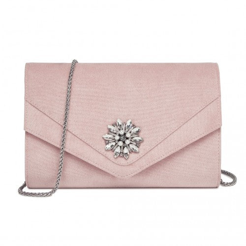CLM2458 - Miss Lulu Elegant Faux Suede Evening Clutch with Crystal Flower & Detachable Chain Strap