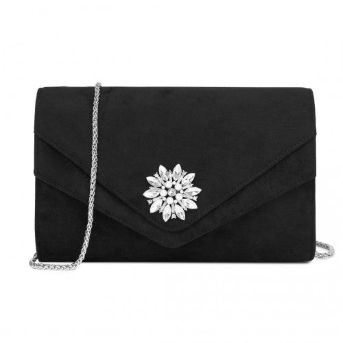 CLM2458 - Miss Lulu Elegant Faux Suede Evening Clutch with Crystal Flower & Detachable Chain Strap