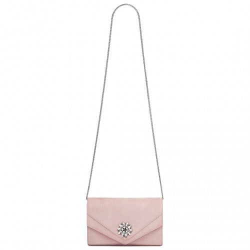 CLM2458 - Miss Lulu Elegant Faux Suede Evening Clutch with Crystal Flower & Detachable Chain Strap
