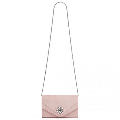 CLM2458 - Miss Lulu Elegant Faux Suede Evening Clutch with Crystal Flower & Detachable Chain Strap