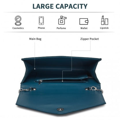 CLM2458 - Miss Lulu Elegant Faux Suede Evening Clutch with Crystal Flower & Detachable Chain Strap - Navy