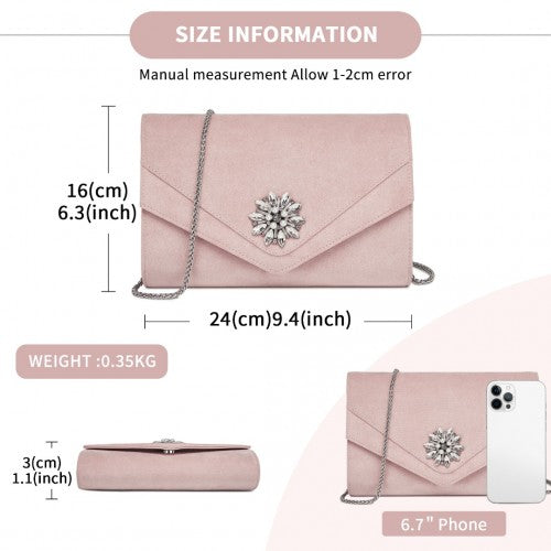 CLM2458 - Miss Lulu Elegant Faux Suede Evening Clutch with Crystal Flower & Detachable Chain Strap