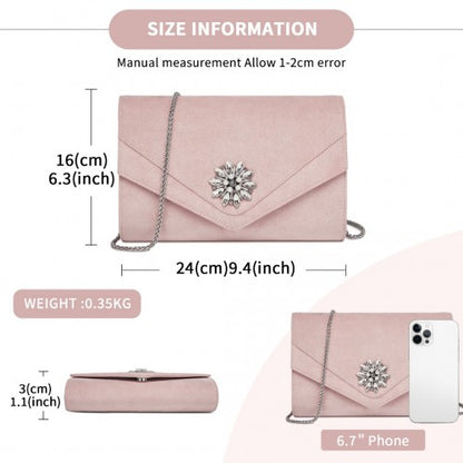CLM2458 - Miss Lulu Elegant Faux Suede Evening Clutch with Crystal Flower & Detachable Chain Strap
