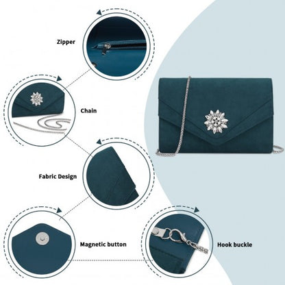 CLM2458 - Miss Lulu Elegant Faux Suede Evening Clutch with Crystal Flower & Detachable Chain Strap