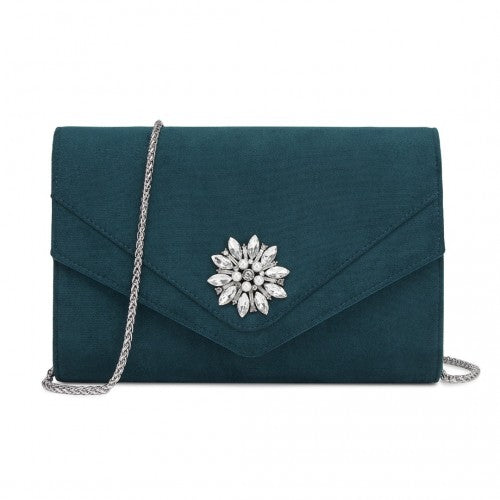 CLM2458 - Miss Lulu Elegant Faux Suede Evening Clutch with Crystal Flower & Detachable Chain Strap