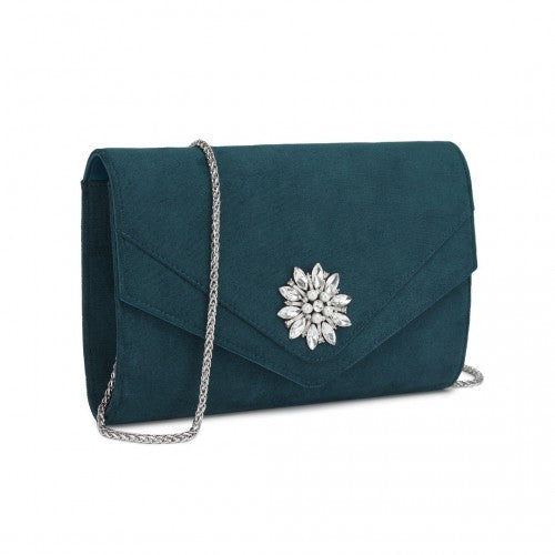 CLM2458 - Miss Lulu Elegant Faux Suede Evening Clutch with Crystal Flower & Detachable Chain Strap