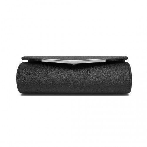 CLM2459 - Miss Lulu Women's Glitter Envelope Clutch with V-Metal Trim & Detachable Chain Strap - Black