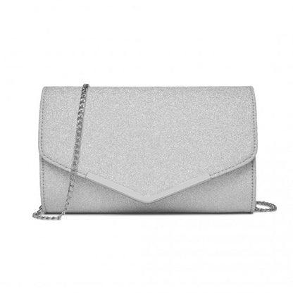 CLM2459 - Miss Lulu Women's Glitter Envelope Clutch with V-Metal Trim & Detachable Chain Strap - Silver