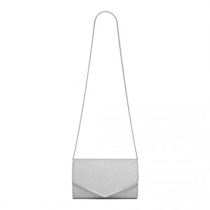 CLM2459 - Miss Lulu Women's Glitter Envelope Clutch with V-Metal Trim & Detachable Chain Strap - Silver