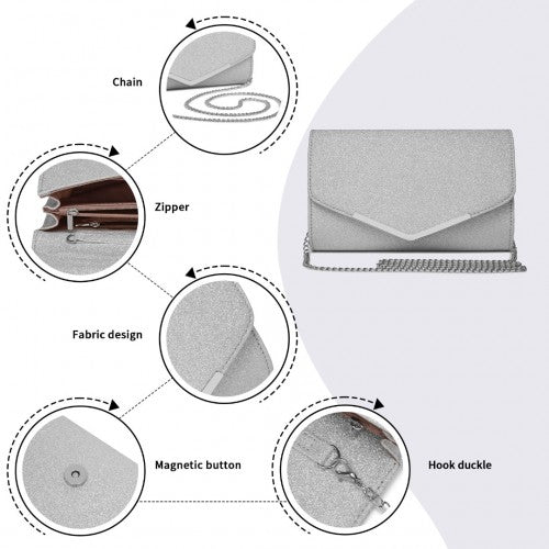 CLM2459 - Miss Lulu Women's Glitter Envelope Clutch with V-Metal Trim & Detachable Chain Strap - Silver